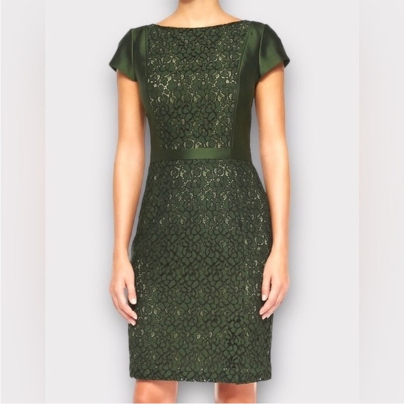Tory Burch Mariana sheath dress Olive Green Black Jacquard Satin Lace Sz 12 - Picture 1 of 16